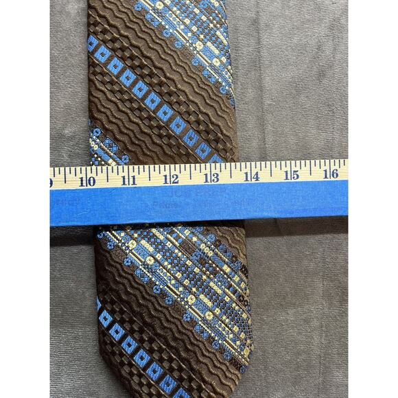 Vintage 1970s Wide Mens Don Loper‎ Poly Woven Tie Brown Geometric Fun Pattern - Picture 4 of 6
